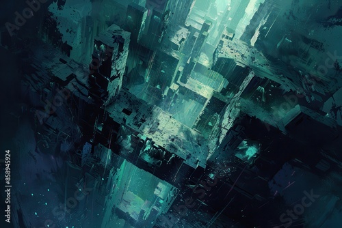 Abstract Cityscape in Teal Hues