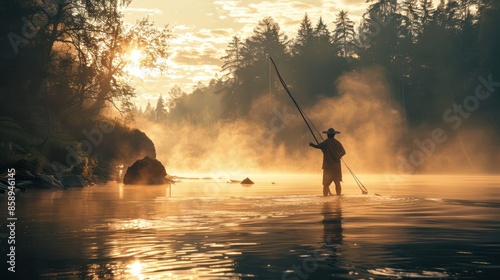 Asian fishermen are fishing with fishing nets by the river. Fresh water fish. Fishermans way of life. photo