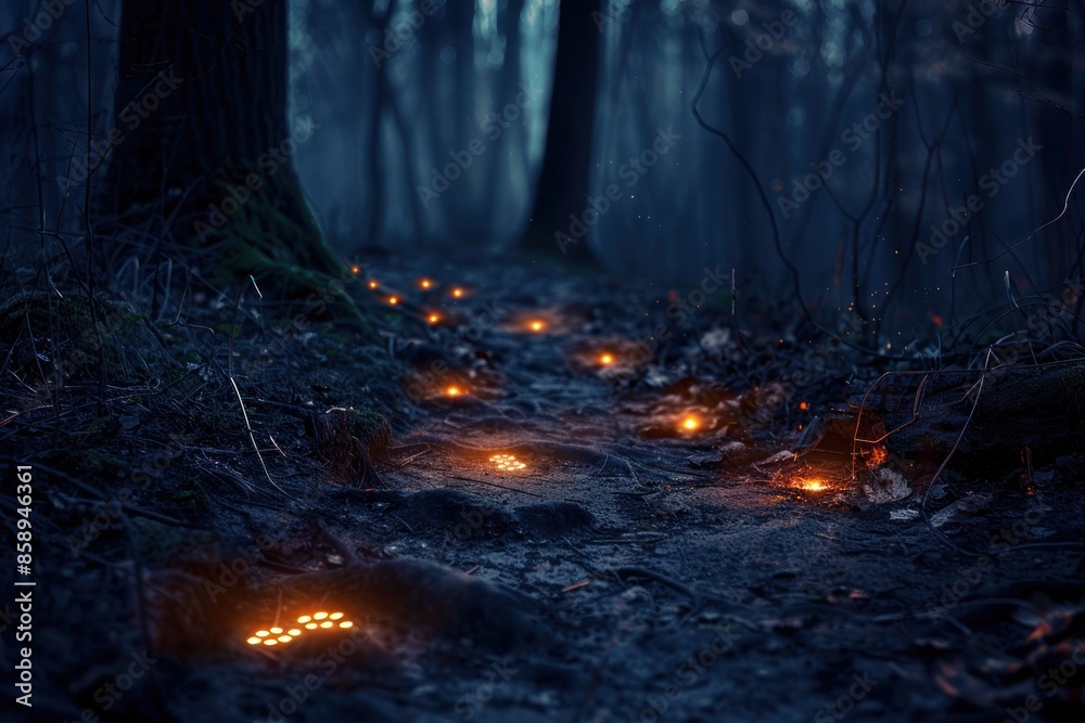 A trail of glowing footprints leading into a dark, foreboding forest on halloween. A trail of glowing footprints leading into a dark, foreboding forest on halloween.