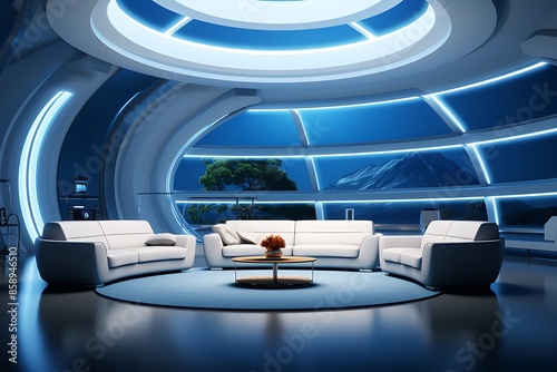Futuristic Interior of a modern living room with a sofa and a coffee table