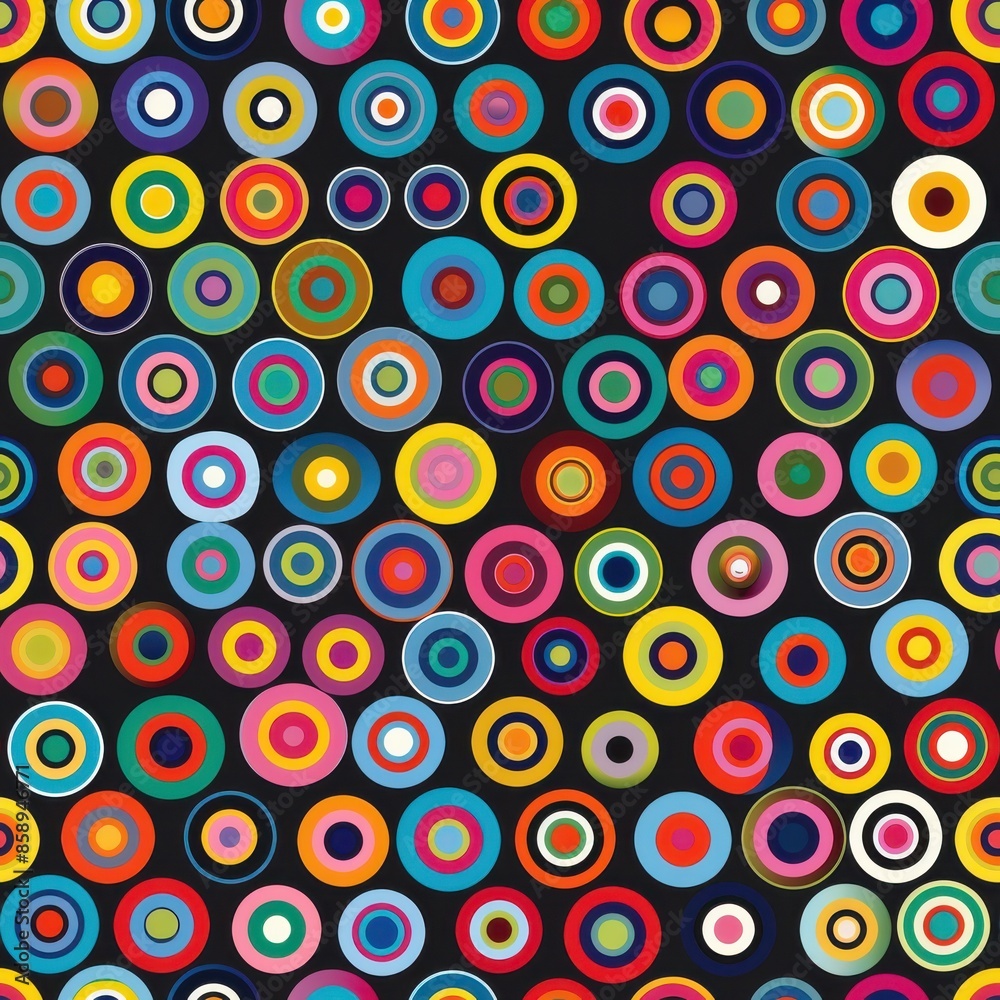This is an abstract pattern featuring numerous colorful concentric circles of different sizes on a black background. The circles overlap and create a visually appealing and dynamic composition. This is an abstract pattern featuring numerous colorful concentric circles of different sizes on a black background. The circles overlap and create a visually appealing and dynamic composition.