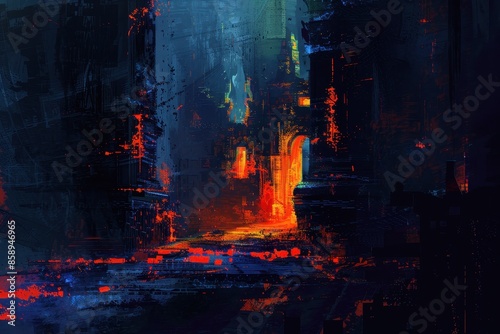 Dark, Glowing Cityscape, Digital Art