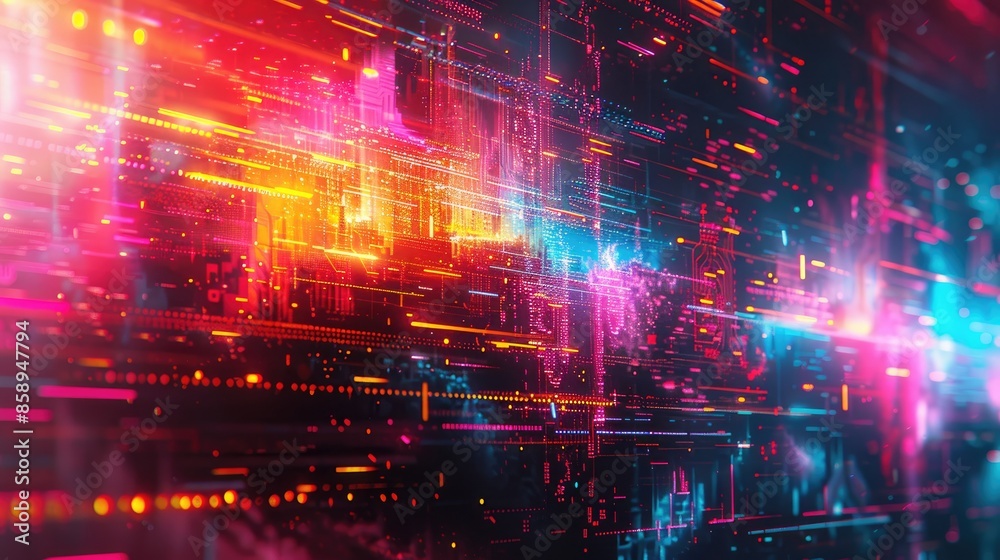 Fototapeta premium Abstract futuristic city with vibrant neon lights and glowing lines. Cyberpunk style digital art.