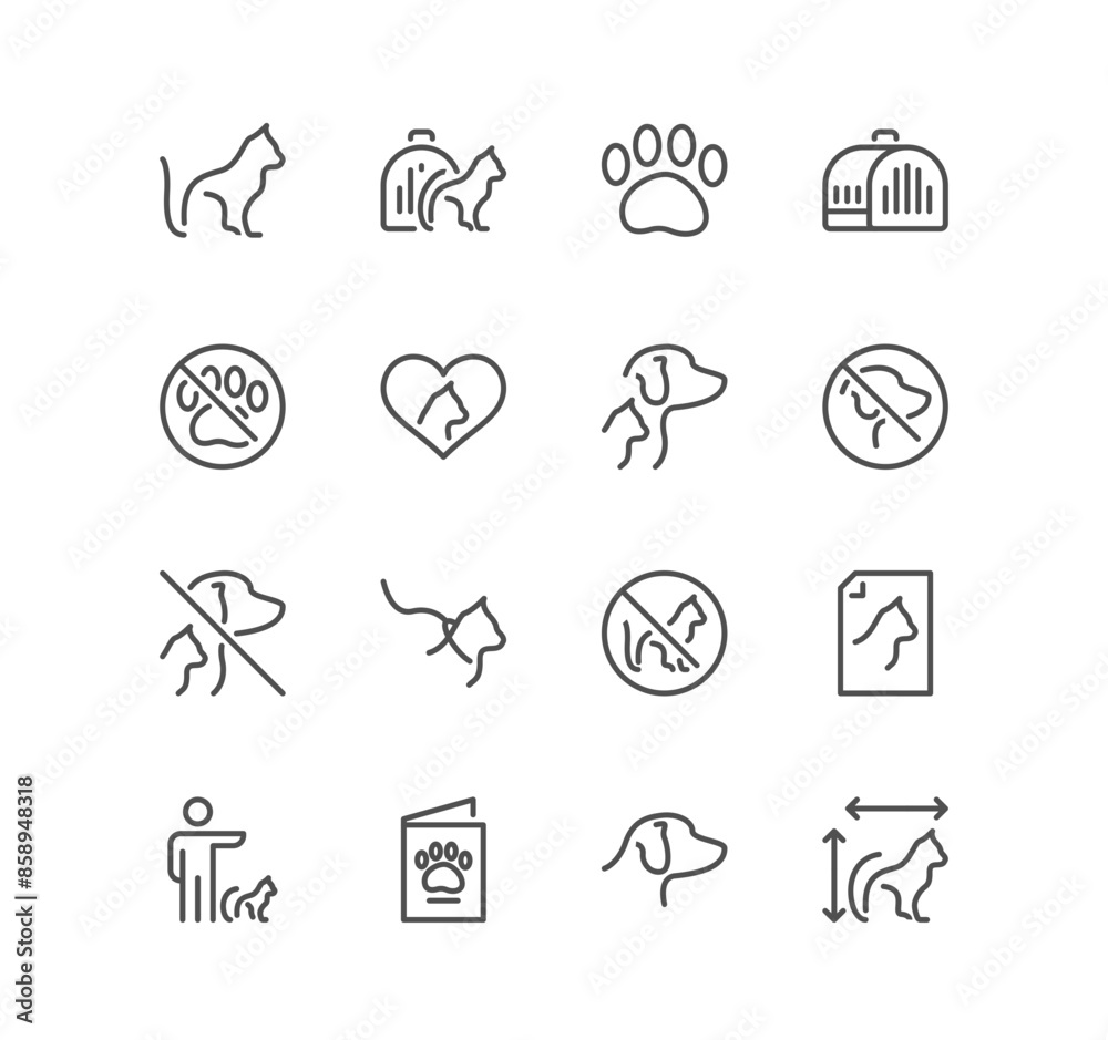 Set of service pet related icons, emotional support cat, pet assistance, restriction sign, pet transportation and linear variety vectors. Set of service pet related icons, emotional support cat, pet assistance, restriction sign, pet transportation and linear variety vectors.