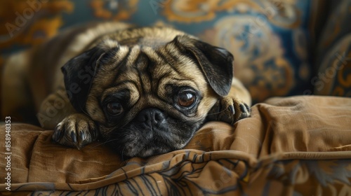 A small dog is laying on a couch with its head down. The dog appears to be relaxed and comfortable © vadosloginov