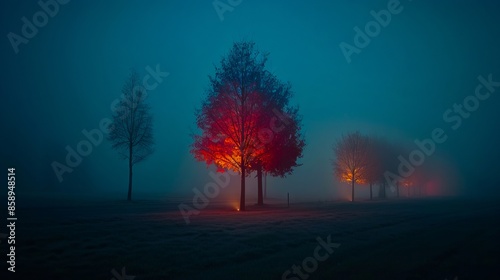 A foggy night with trees lit up.