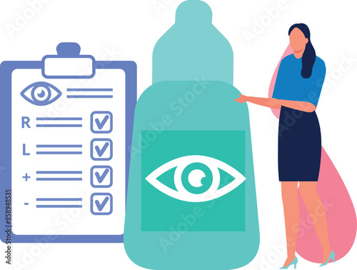 The girl is showing a bottle of medical eye drops.