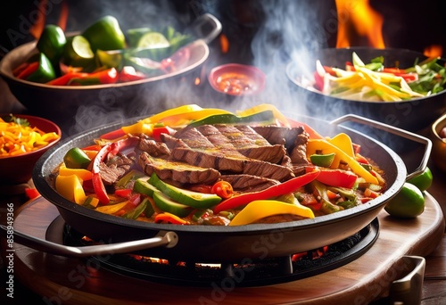 sizzling fajitas hot plate, mexican, cuisine, cooking, grill, steam, peppers, onions, meat, sizzle, aroma, appetizing, serving, restaurant, dish, lunch