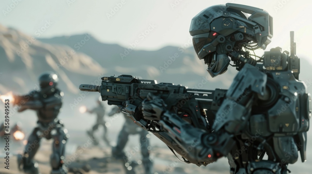 A robot is holding a gun and standing in front of a group of other robots. The scene is set in a desert, with the robots appearing to be in a battle. Scene is tense and action-packed