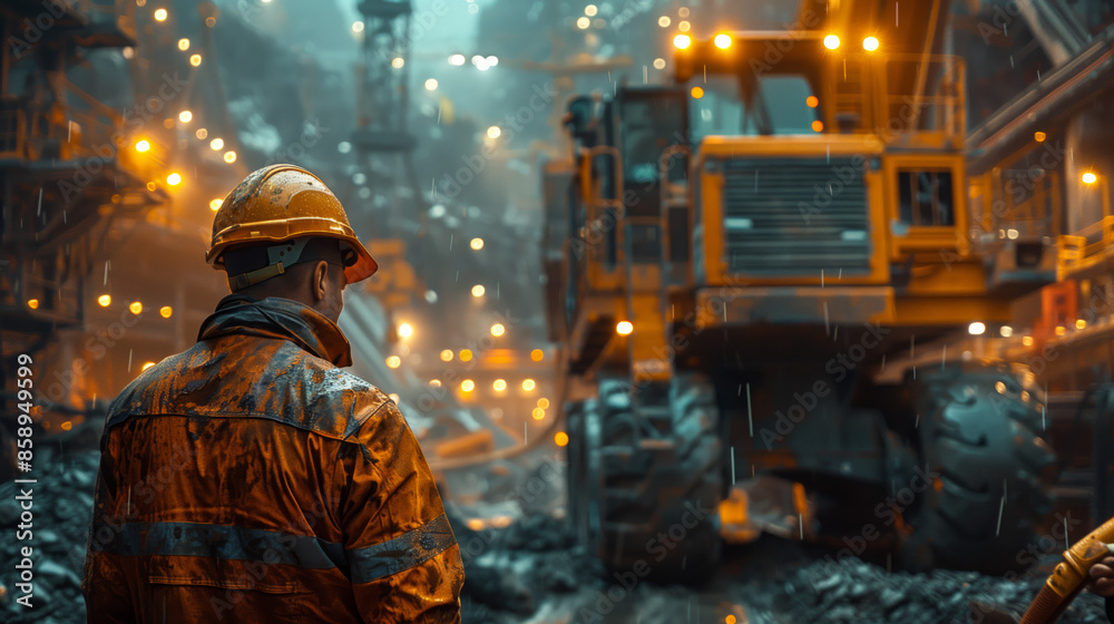 Professional Industry Male Worker Wearing Safety Vest and Hard Hat with Construction vehicles at the background. Male Industrial Worker at work. Professional Industry Male Worker Wearing Safety Vest and Hard Hat with Construction vehicles at the background. Male Industrial Worker at work.