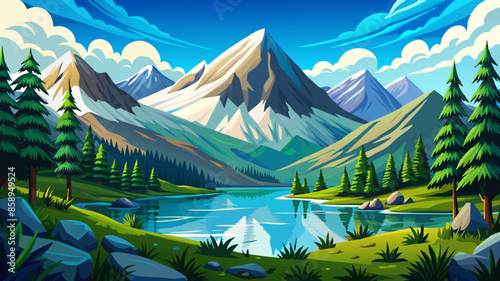 Snowy mountain peaks rising above a tranquil lake, surrounded by lush green foliage and a cloudy blue sky