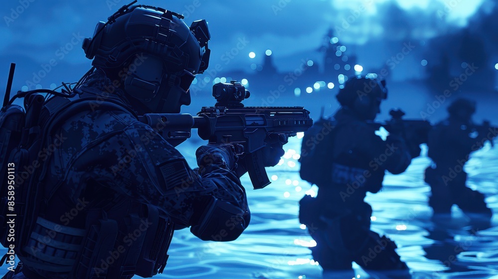 A man in a military uniform is holding a rifle and standing in the water. The scene is set in the dark, with the water reflecting the light from the sky. Scene is tense and serious A man in a military uniform is holding a rifle and standing in the water. The scene is set in the dark, with the water reflecting the light from the sky. Scene is tense and serious