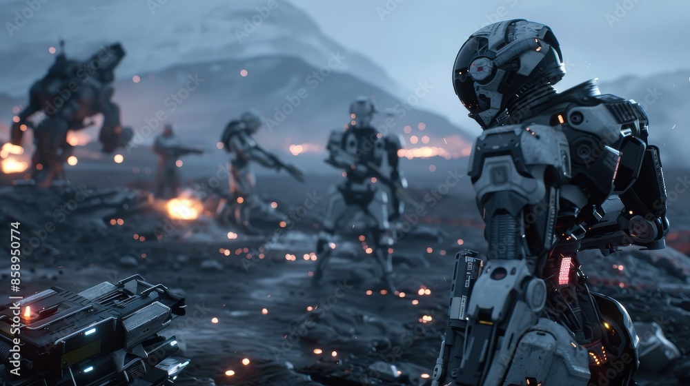 A group of robots are fighting in a war. The robots are in the middle of a battlefield with a lot of fire and explosions A group of robots are fighting in a war. The robots are in the middle of a battlefield with a lot of fire and explosions