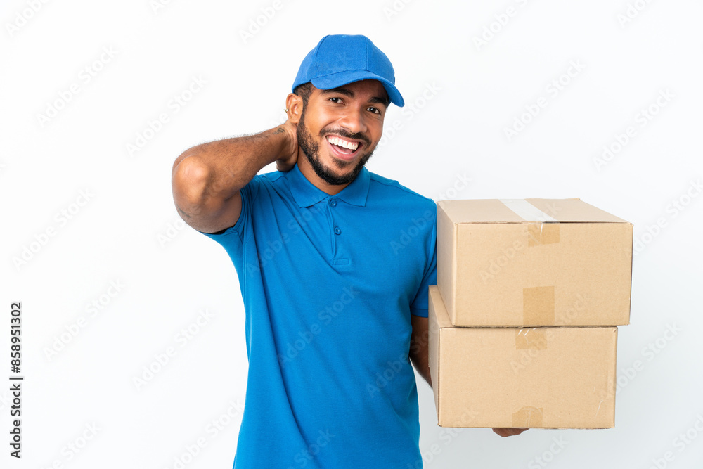 Delivery Ecuadorian man isolated on white background laughing Delivery Ecuadorian man isolated on white background laughing