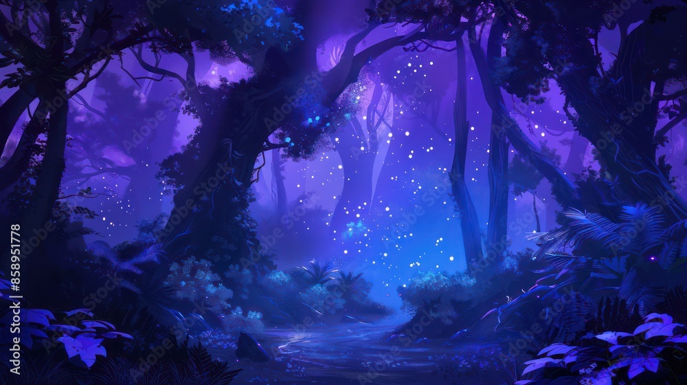 Beautiful northern landscape scene at night time with moon, forest and ocean. Magical, mystical north concept. Beautiful northern landscape scene at night time with moon, forest and ocean. Magical, mystical north concept.