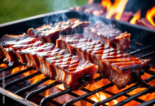 juicy glazed pork ribs sizzling barbecue delicious bbq meat cooking outdoors, grill, food, grilling, tasty, savory, smoky, charred, marinated, succulent, smothered