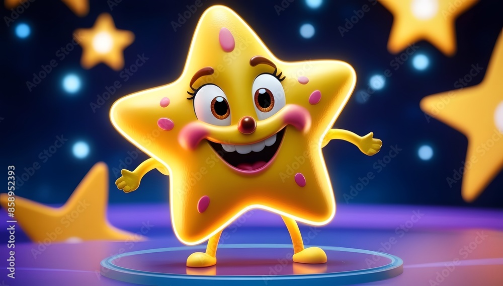 Cheerful Celestial Star A Vibrant 3D Character in a Twinkling Night Sky Cheerful Celestial Star A Vibrant 3D Character in a Twinkling Night Sky