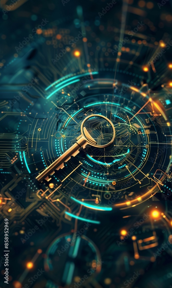 Obraz premium Locked data security concept. Abstract futuristic technology background. Glowing background with key.