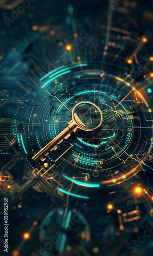 Locked data security concept. Abstract futuristic technology background. Glowing background with key. © Artlana