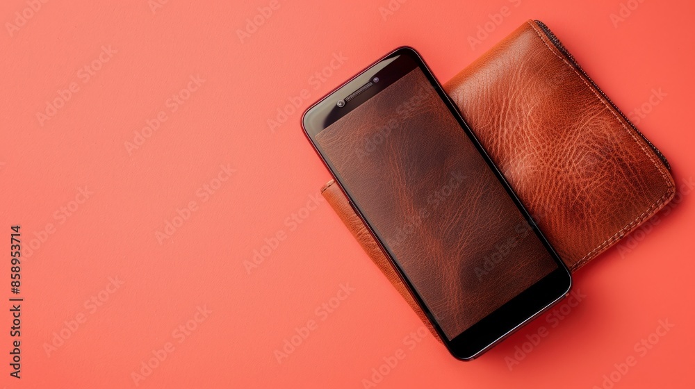 Leather Wallet and Smartphone on a Coral Background Leather Wallet and Smartphone on a Coral Background