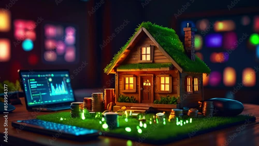 A small house sits on top of a laptop keyboard next to a computer mouse ...