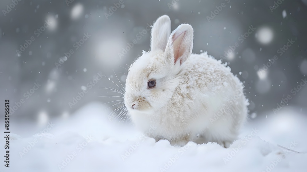 white funny fluffy rabbit in the snow. white funny fluffy rabbit in the snow.
