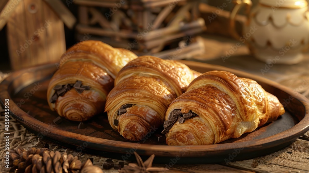 Three croissants with chocolate filling on a wooden tray. The tray is placed on a wooden table with a birdhouse and a teapot in the background Three croissants with chocolate filling on a wooden tray. The tray is placed on a wooden table with a birdhouse and a teapot in the background