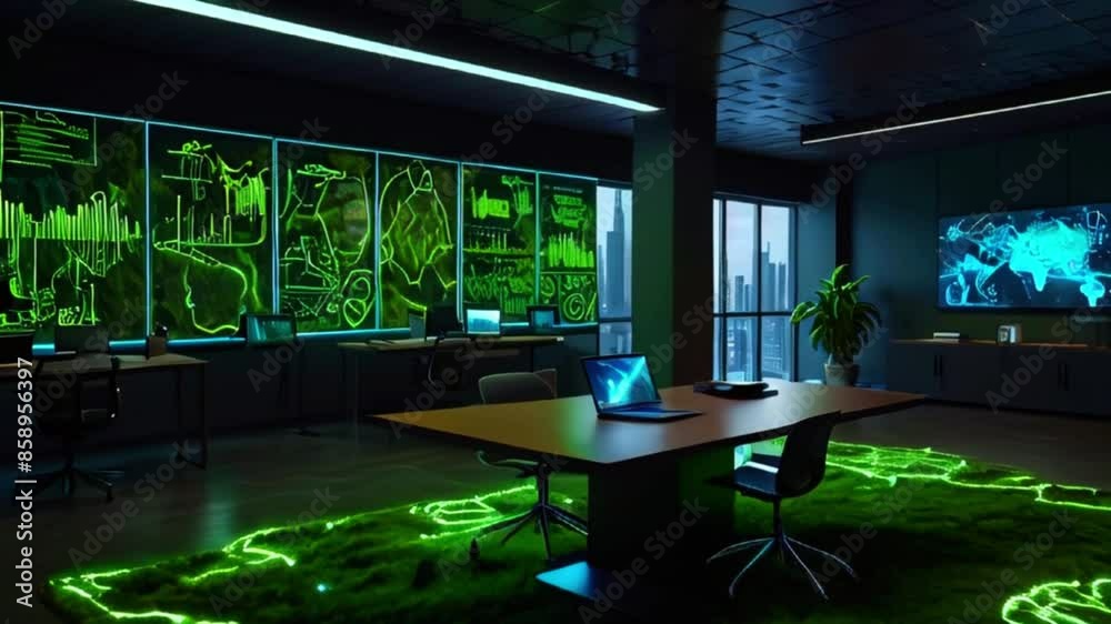 A dark room with a large desk, a laptop, and several computer monitors displaying green and black code. A dark room with a large desk, a laptop, and several computer monitors displaying green and black code.