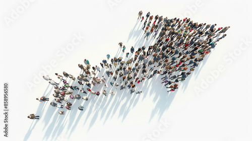 Large group of people forming an arrow shape, casting long shadows on a white surface. photo