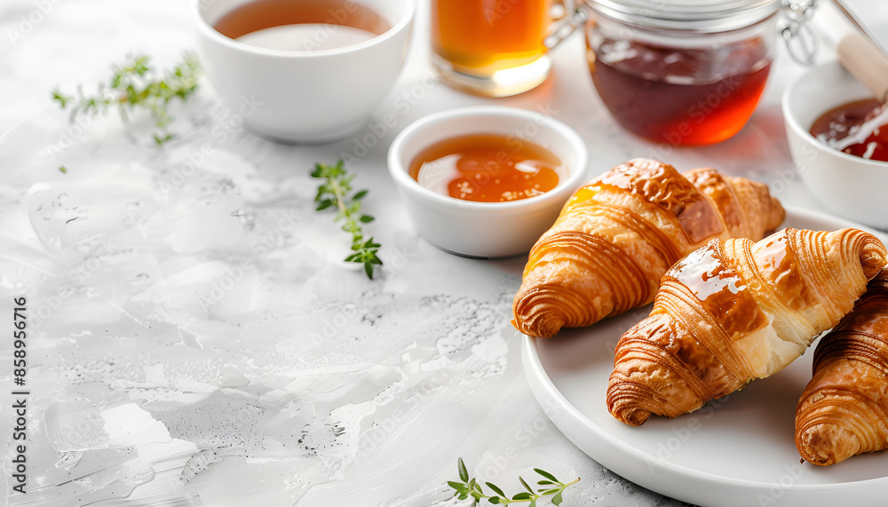 Breakfast served in kitchen. Fresh croissant, jam and honey on white table. Space for text Breakfast served in kitchen. Fresh croissant, jam and honey on white table. Space for text