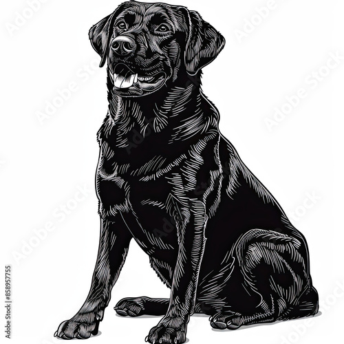 A black and white drawing of a labrador retriever dog