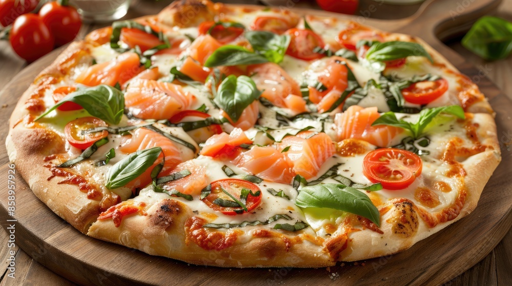 Delicious homemade seafood pizza with fresh tomatoes cheese salmon and basil Blank space included