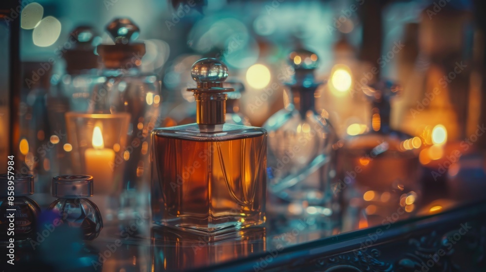 A table with many different sized glass bottles of perfume and a candle A table with many different sized glass bottles of perfume and a candle