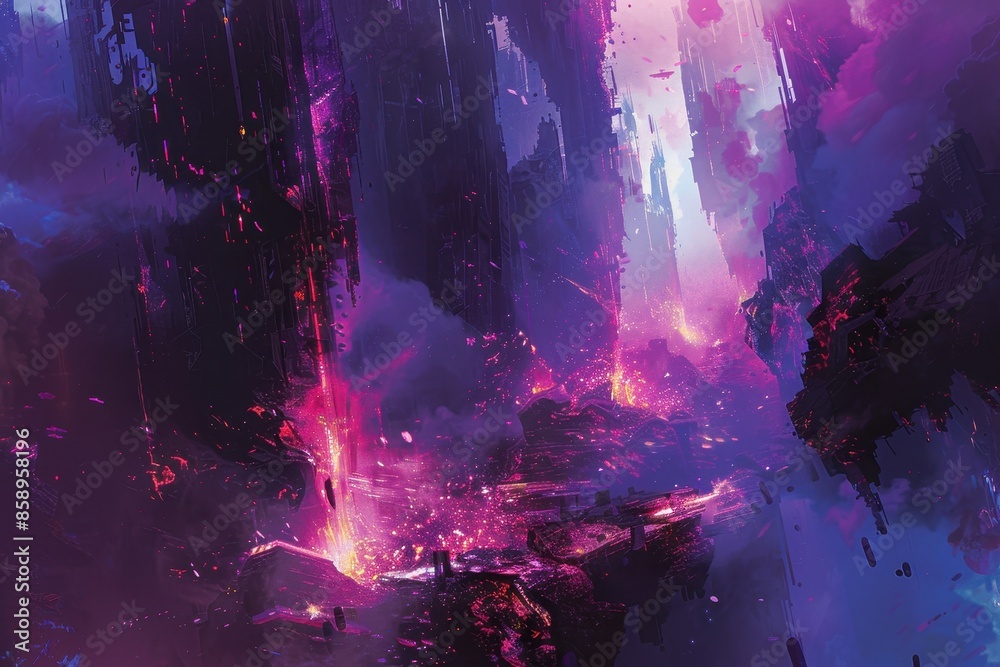 Futuristic City in Ruin, A Glowing, Vaporous Landscape Futuristic City in Ruin, A Glowing, Vaporous Landscape