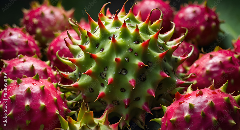 A cluster of red and green fruits with spikes on them A cluster of red and green fruits with spikes on them
