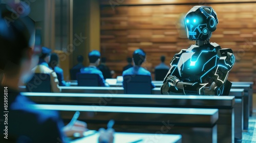 Wallpaper Mural A robot is standing in front of a group of people in a classroom. The robot is wearing a blue suit and has a blue face Torontodigital.ca