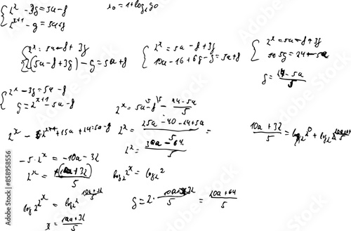 Set of mathematical formulas and solutions to problems and equations. Homework of a student. Vector image of algebra and geometry tasks.	
