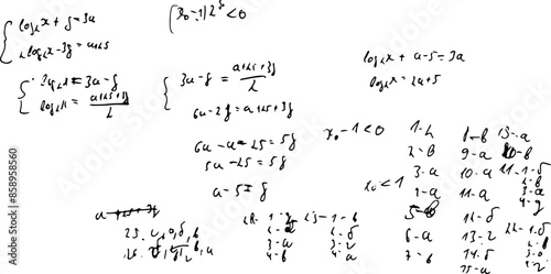 Set of mathematical formulas and solutions to problems and equations. Homework of a student. Vector image of algebra and geometry tasks.	
