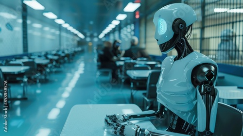 Wallpaper Mural A robot is sitting at a table in a room with other robots. The robot is white and has blue eyes. The room is dimly lit, giving it a mysterious and eerie atmosphere Torontodigital.ca