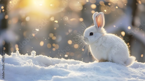 white funny fluffy rabbit in the snow.  © Berkah