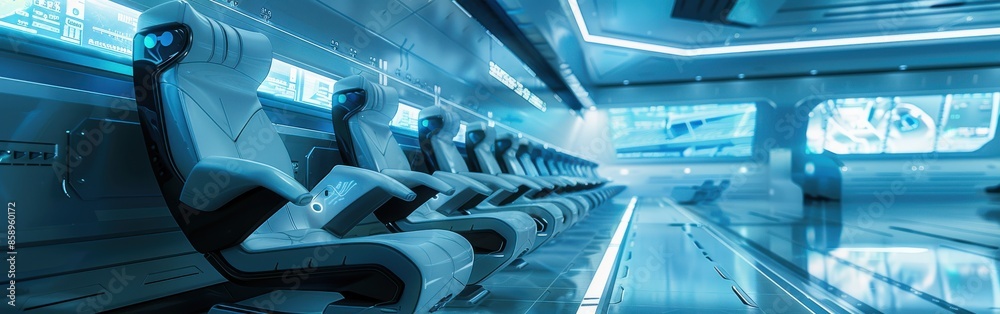 A futuristic space station with a blue interior and rows of chairs. The chairs are white and have a futuristic design. The space station is empty, with no people or objects visible A futuristic space station with a blue interior and rows of chairs. The chairs are white and have a futuristic design. The space station is empty, with no people or objects visible