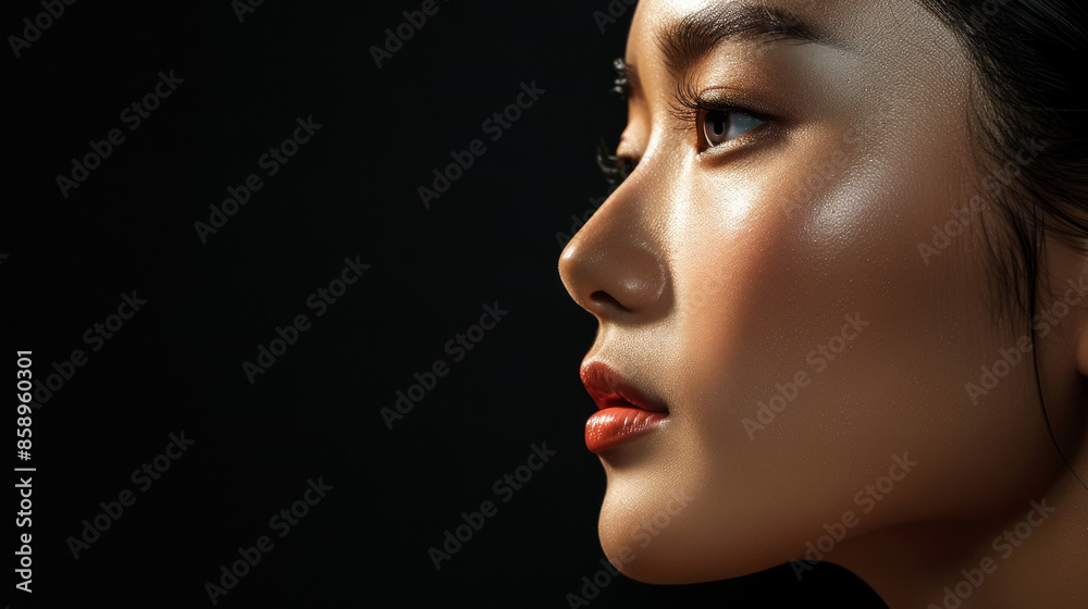 Elegant profile of a woman with luminous skin, standing in sharp contrast against a dark background, exuding confidence and classic beauty. Elegant profile of a woman with luminous skin, standing in sharp contrast against a dark background, exuding confidence and classic beauty.