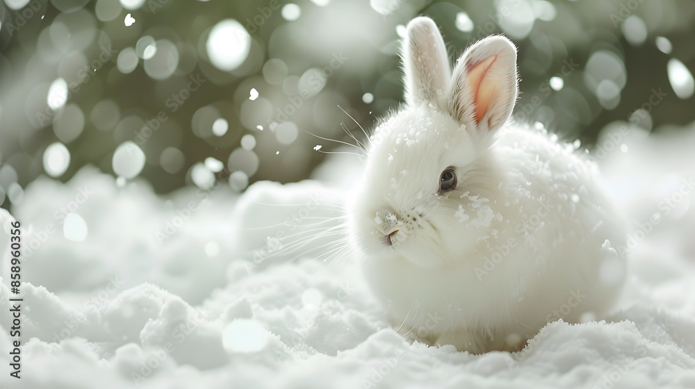 white funny fluffy rabbit in the snow. white funny fluffy rabbit in the snow.