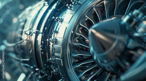 Close-up view of a shining, intricate jet engine turbine under bright lighting, showcasing engineering marvel and precision technology.
