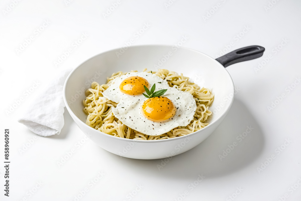Fried Eggs and Noodles in White Bowl Fried Eggs and Noodles in White Bowl