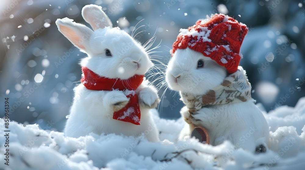 white funny fluffy rabbit in the snow. white funny fluffy rabbit in the snow.