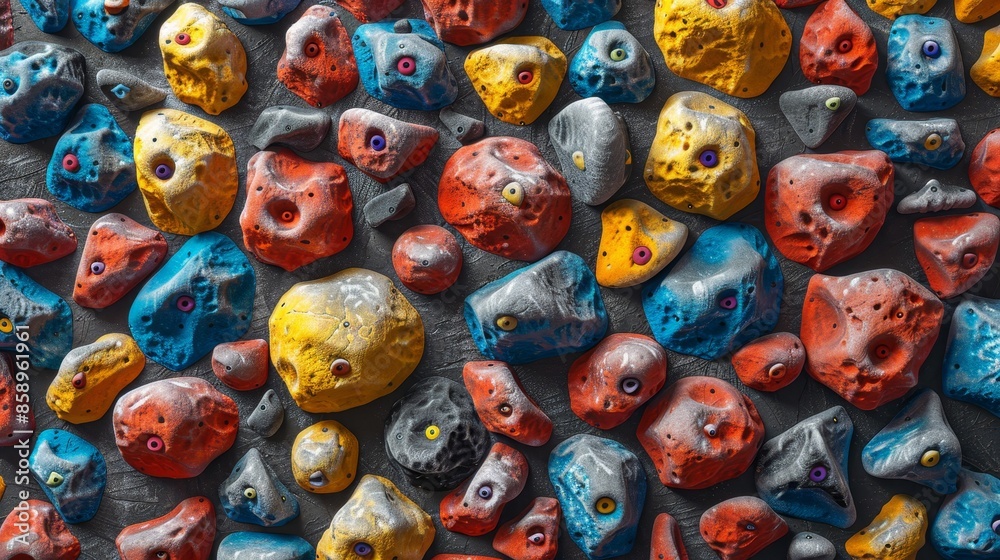 Fototapeta premium Artificial climbing wall with bold, bright colors and detailed textures, ensuring a visually striking and high-quality representation