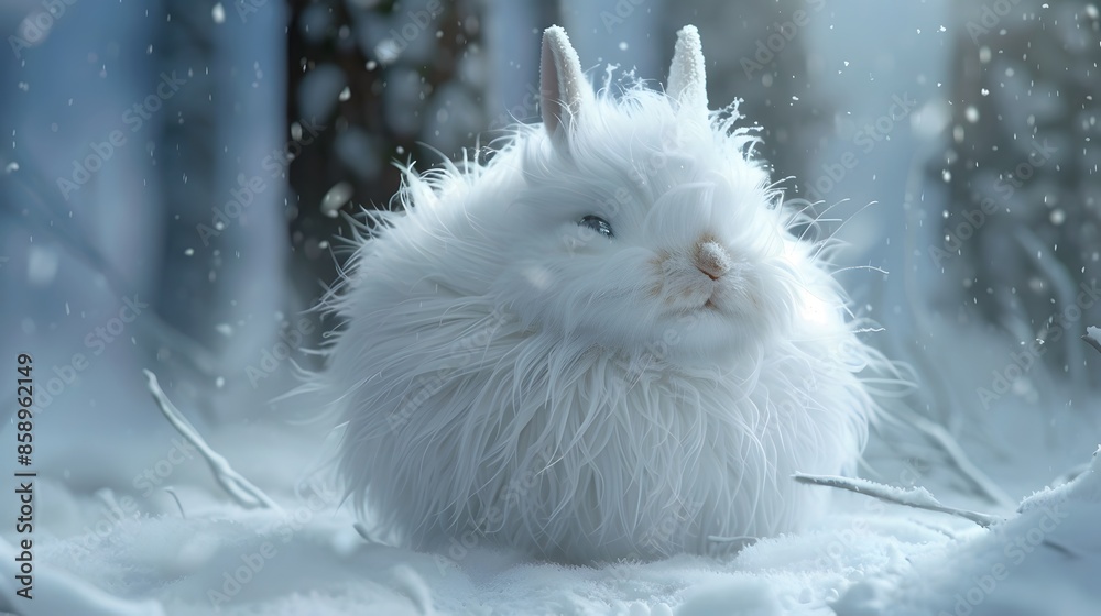 white funny fluffy rabbit in the snow. white funny fluffy rabbit in the snow.
