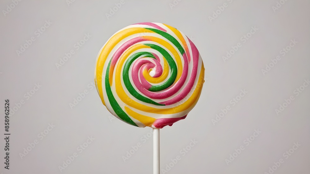 A large, round, multicolored swirl lollipop with green, yellow, pink, and white stripes on a white stick. A large, round, multicolored swirl lollipop with green, yellow, pink, and white stripes on a white stick.
