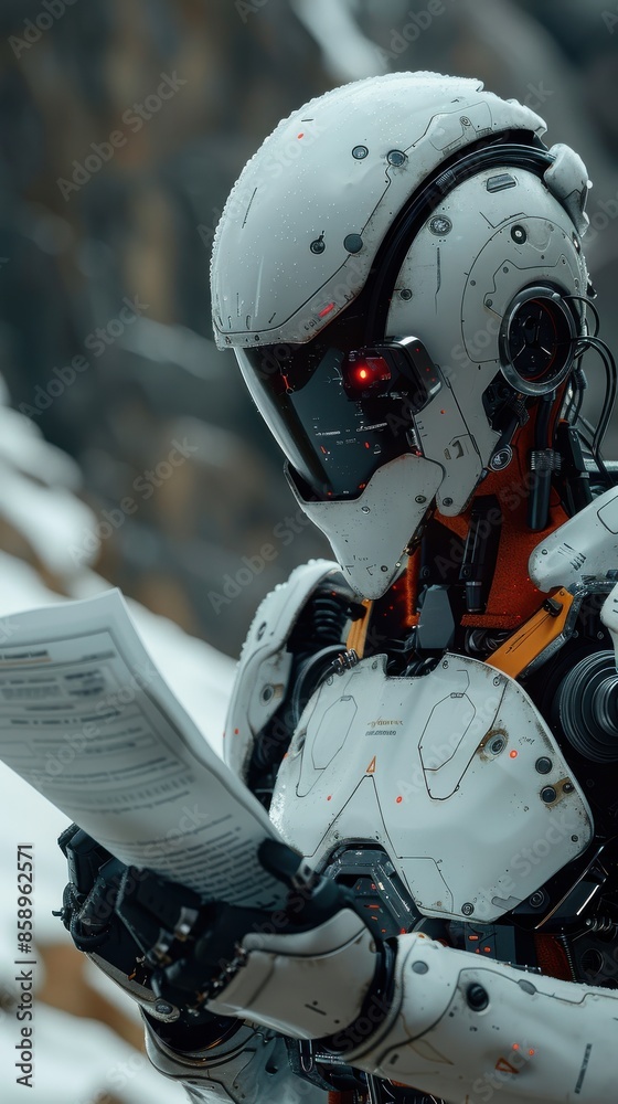 A robot is holding a piece of paper and looking at it. The robot is wearing a white suit and has red eyes. The robot appears to be reading the paper, which is placed in front of it A robot is holding a piece of paper and looking at it. The robot is wearing a white suit and has red eyes. The robot appears to be reading the paper, which is placed in front of it